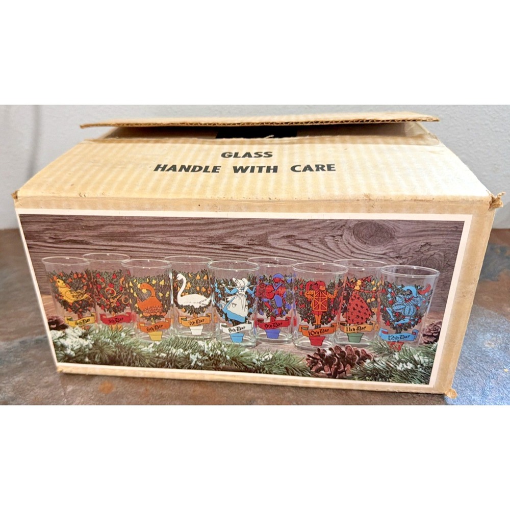 Vintage 1984 Indiana Glass 12 Days of Christmas 12 Tumblers w/ Box 9 Oz